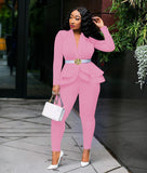 Full Sleeve Ruffles Blazers Pencil Pants Suit Two Piece Set Office Lady Outfits