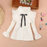 School Girls Bow Pure White Shirts Toddler Long Sleeve