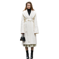 Retro Large Lapel White Tweed Jacket Female Winter New Waist Lacing Tweed Coat