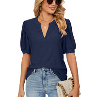 Casual V Neck Solid Color Hollow Bubble Sleeve Loose T Shirt Top