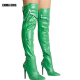 Pointy Knee Length Belt Buckle Thin Heel Stage Boots