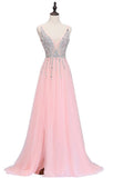 Sexy Side Split Prom Dresses Deep V-Neck Backless Beads Crystal Party Gowns Sleeveless Sweep Train Cheap Tulle Party Dress