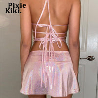 Glitter Pink Two Piece Set Mini Skirt