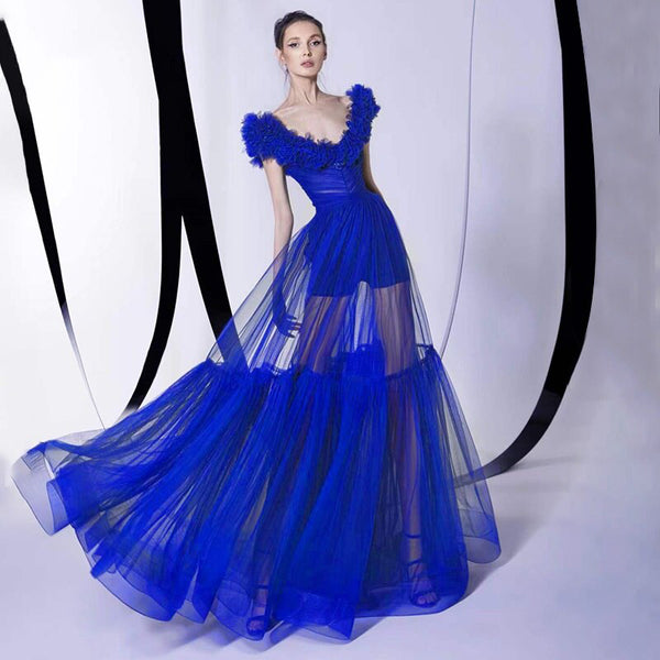 Trendy Appliques Design Blue Long Dress  Deep V Neck Celebrity Party Club Dress