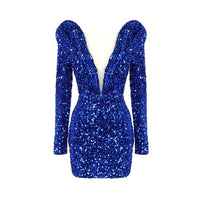 Blue Sequined Long Sleeve V-Neck Tube Top Slim Bandage Dress