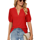 Casual V Neck Solid Color Hollow Bubble Sleeve Loose T Shirt Top