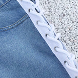 High Waist Hole Bandage Cut Off Denim Jeans Shorts White Black Blue