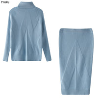 Women's Knitting Turtleneck Solid Color Pullover Sweater + Slim Skirt Two-Piece Set