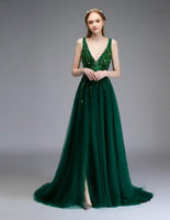 Sexy Side Split Prom Dresses Deep V-Neck Backless Beads Crystal Party Gowns Sleeveless Sweep Train Cheap Tulle Party Dress
