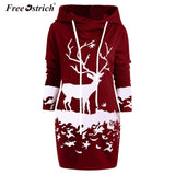 Women Christmas Dress  Hooded Long Sleeve Printed Casual