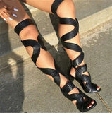 Open Toe Gladiator Sandals Women Cut-Outs Lace Up Thigh High Boots High Heels Black Leather Shoes Woman Botas
