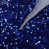 Blue Sequined Long Sleeve V-Neck Tube Top Slim Bandage Dress