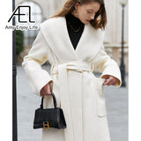 Retro Large Lapel White Tweed Jacket Female Winter New Waist Lacing Tweed Coat