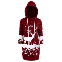 Women Christmas Dress  Hooded Long Sleeve Printed Casual