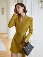 Women Yellow Belted Blazer Dress