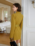 Women Yellow Belted Blazer Dress