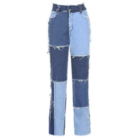 Women Patchwork Contrast Color High Waist Jeans