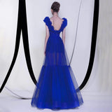 Trendy Appliques Design Blue Long Dress  Deep V Neck Celebrity Party Club Dress