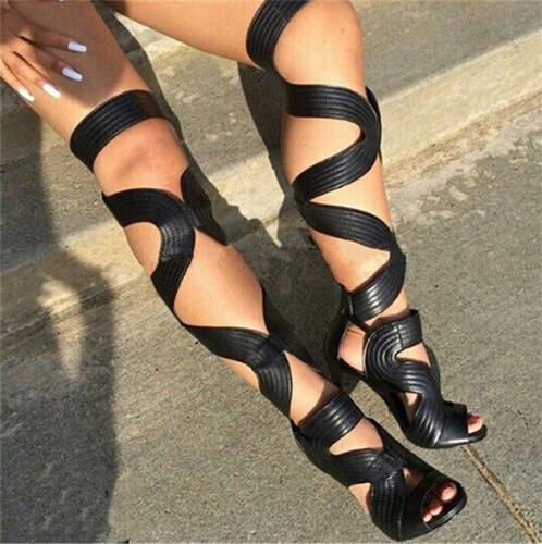 Open Toe Gladiator Sandals Women Cut-Outs Lace Up Thigh High Boots High Heels Black Leather Shoes Woman Botas