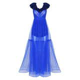 Trendy Appliques Design Blue Long Dress  Deep V Neck Celebrity Party Club Dress