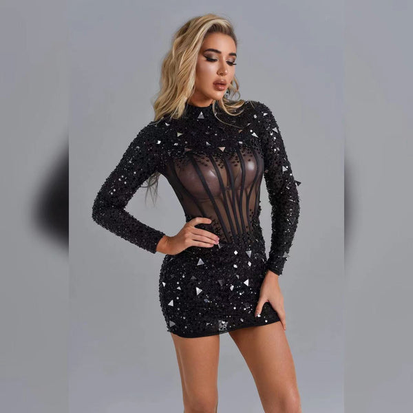 Black Long Sleeve Bandage Dress Sequin Mesh Beaded Banquet