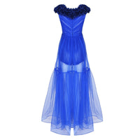 Trendy Appliques Design Blue Long Dress  Deep V Neck Celebrity Party Club Dress