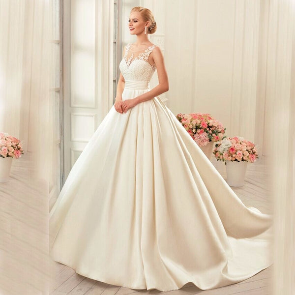 Satin Wedding Dresses Ball Gown real photo white & Ivory elegant Bridal Dress Open Back
