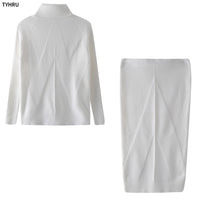 Women's Knitting Turtleneck Solid Color Pullover Sweater + Slim Skirt Two-Piece Set