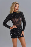 Black Long Sleeve Bandage Dress Sequin Mesh Beaded Banquet