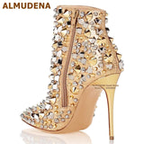 Glitter Gold Metallic Studs Ankle Boots Stiletto