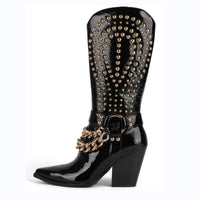 Punk Style Western Cowboy Boots Women Black Patent Leather