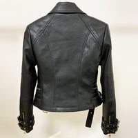 Women's  Motorcycle Leather Jacket Lion Button Slim Fit Double Zipper Inclined Zipper