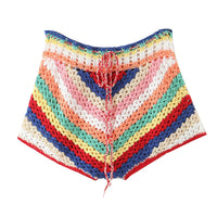 Hand crochet Cardigan Sweater Women Bandage Mini Short Shorts Half Sleeve Tops 2 Pieces Set