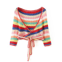 Hand crochet Cardigan Sweater Women Bandage Mini Short Shorts Half Sleeve Tops 2 Pieces Set