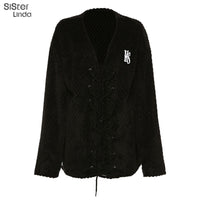 Women Jacket  Sexy V-Neck Criss Cross Slim Top Full Sleeve Thick Oversized Outwear