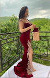Sevintage Arabic Mermaid Velvet Evening Dress 4 Pieces Overskirt Split Applique Lace Prom Gowns High Neck Tassel Algerian Outfit
