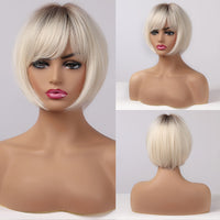 Short Ombre Black Ash Light Blonde White Synthetic Wigs With Bangs For Black Woman Afro