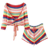 Hand crochet Cardigan Sweater Women Bandage Mini Short Shorts Half Sleeve Tops 2 Pieces Set