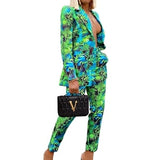 Floral Printed Elegant 2 Piece Women Single Breasted Blazer and Long Pant Set