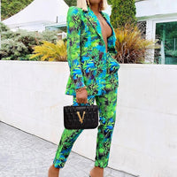Floral Printed Elegant 2 Piece Women Single Breasted Blazer and Long Pant Set