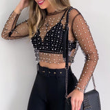 Sexy See Through Women Mesh Patchwork Diamonds and pearl Slim t-shirts