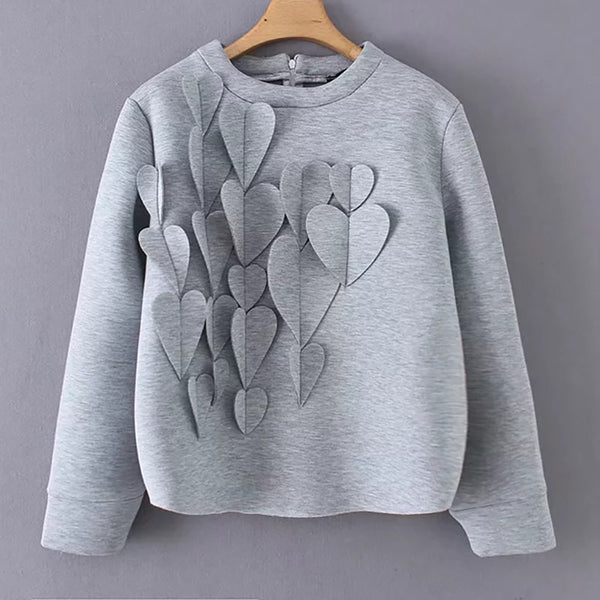 Women Cotton Gray Sweatshirts Female Heart Design Fashion Pullover  Long Sleeve Tops