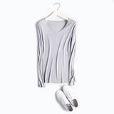 Women Basic Shirt Real Silk T shirts Solid Long sleeved O neck