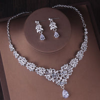 Silver Color Crystal Bridal Jewelry Sets Fashion Tiaras Crown Earrings Choker Necklace