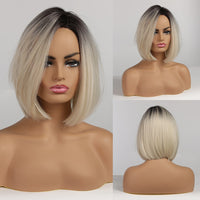 Short Ombre Black Ash Light Blonde White Synthetic Wigs With Bangs For Black Woman Afro