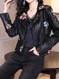 Women Biker Leather Jacket Floral Print Embroidery Pu Leather Jacket