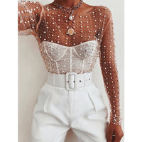 Sexy See Through Women Mesh Patchwork Diamonds and pearl Slim t-shirts