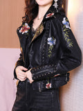 Women Biker Leather Jacket Floral Print Embroidery Pu Leather Jacket