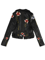 Women Floral Print Embroidery Faux Soft Leather Jacket