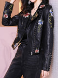 Women Biker Leather Jacket Floral Print Embroidery Pu Leather Jacket